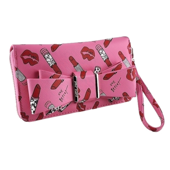 Betsey Johnson Handbags - Betsey Johnson Clutch Wallet Zip Around Barbie Pink Lipstick Bow Faux Leather